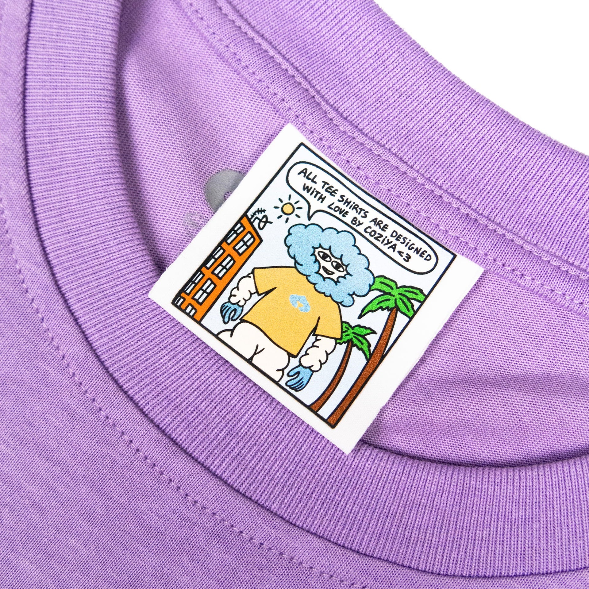 Coziya Cloud 3D logo tee neck label close-up comic-strip design