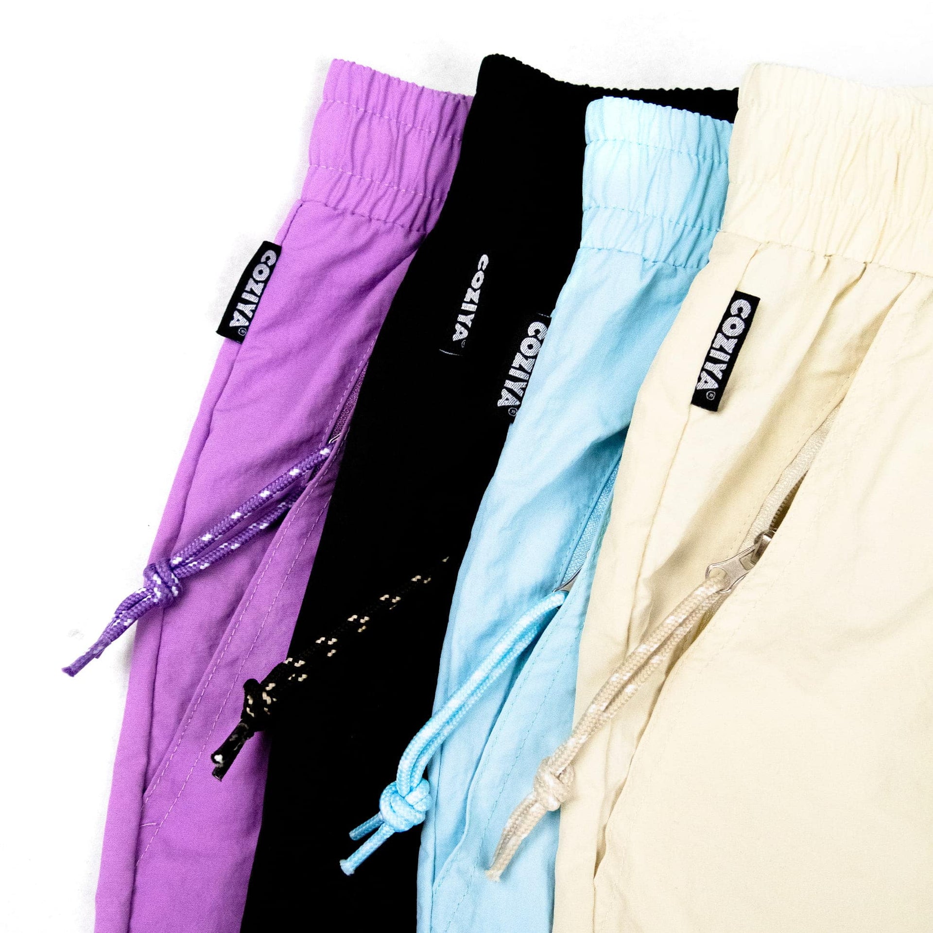 Coziya swim trunks zipper drawstring waistband details close-up