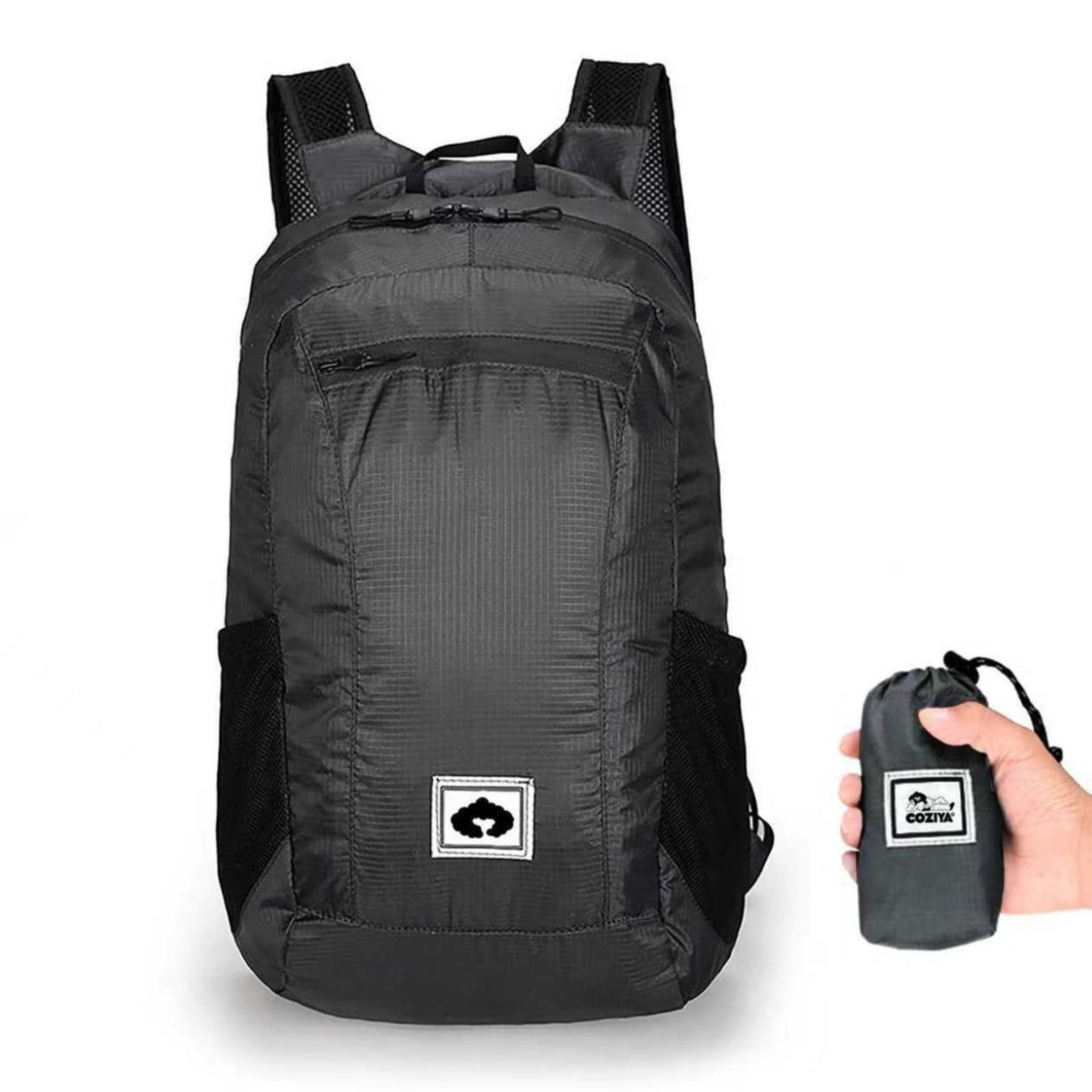 Coziya foldable lightweight backpack in black with compact carry pouch