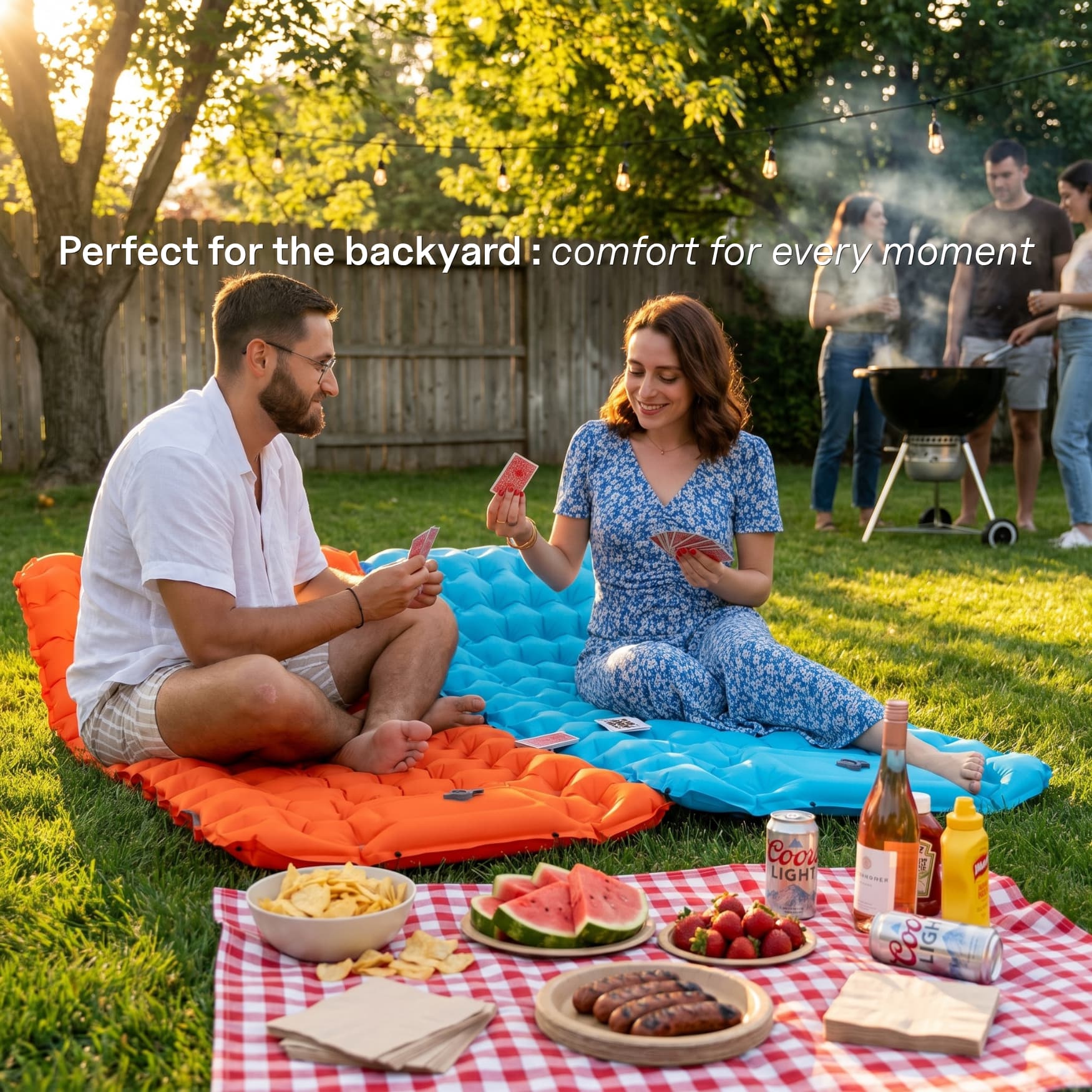 Couple sitting on Coziya inflatable sleeping pads playing cards in an American backyard during a summer BBQ at golden hour