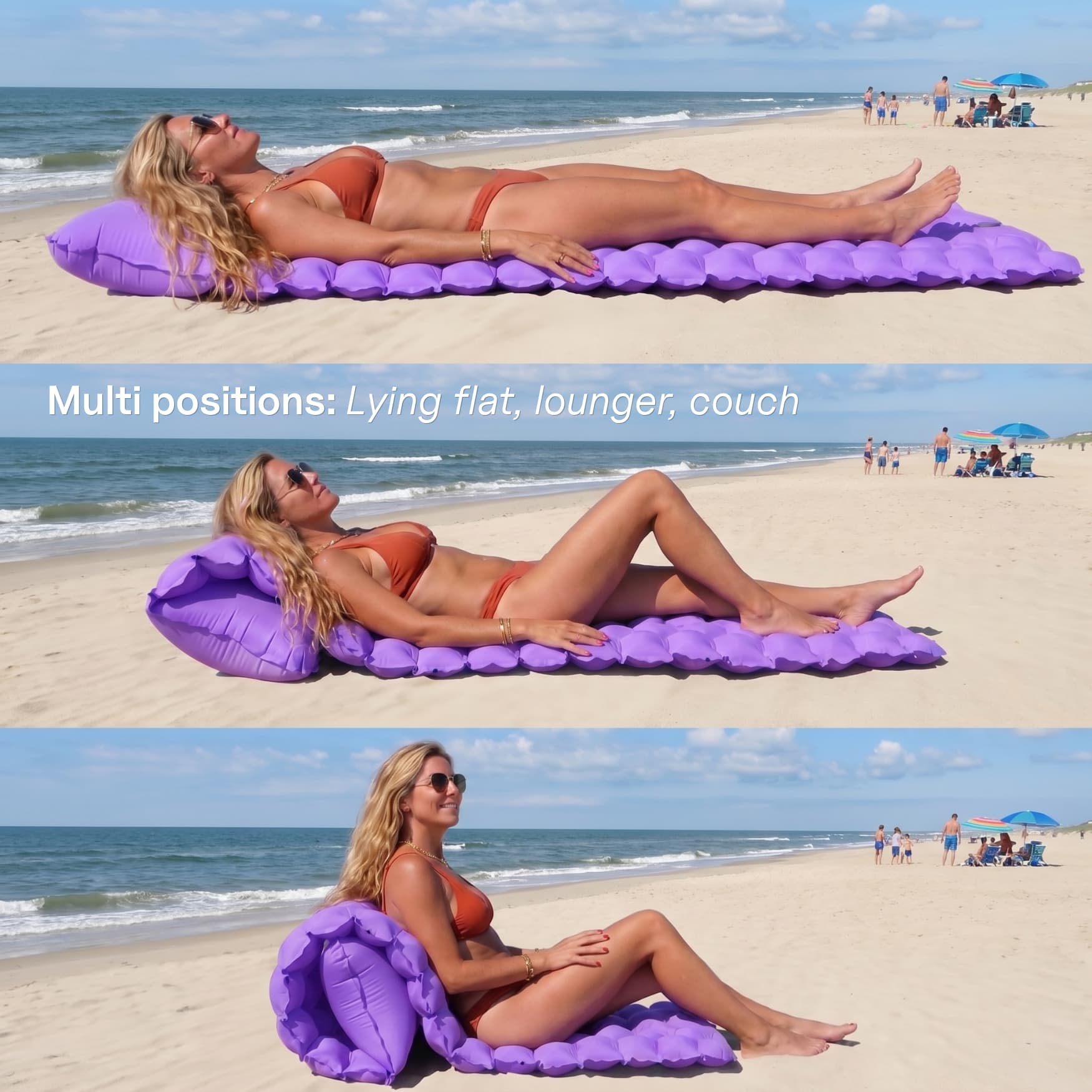 Coziya inflatable sleeping pad in 3 positions on the beach: lying flat, lounger, and couch mode