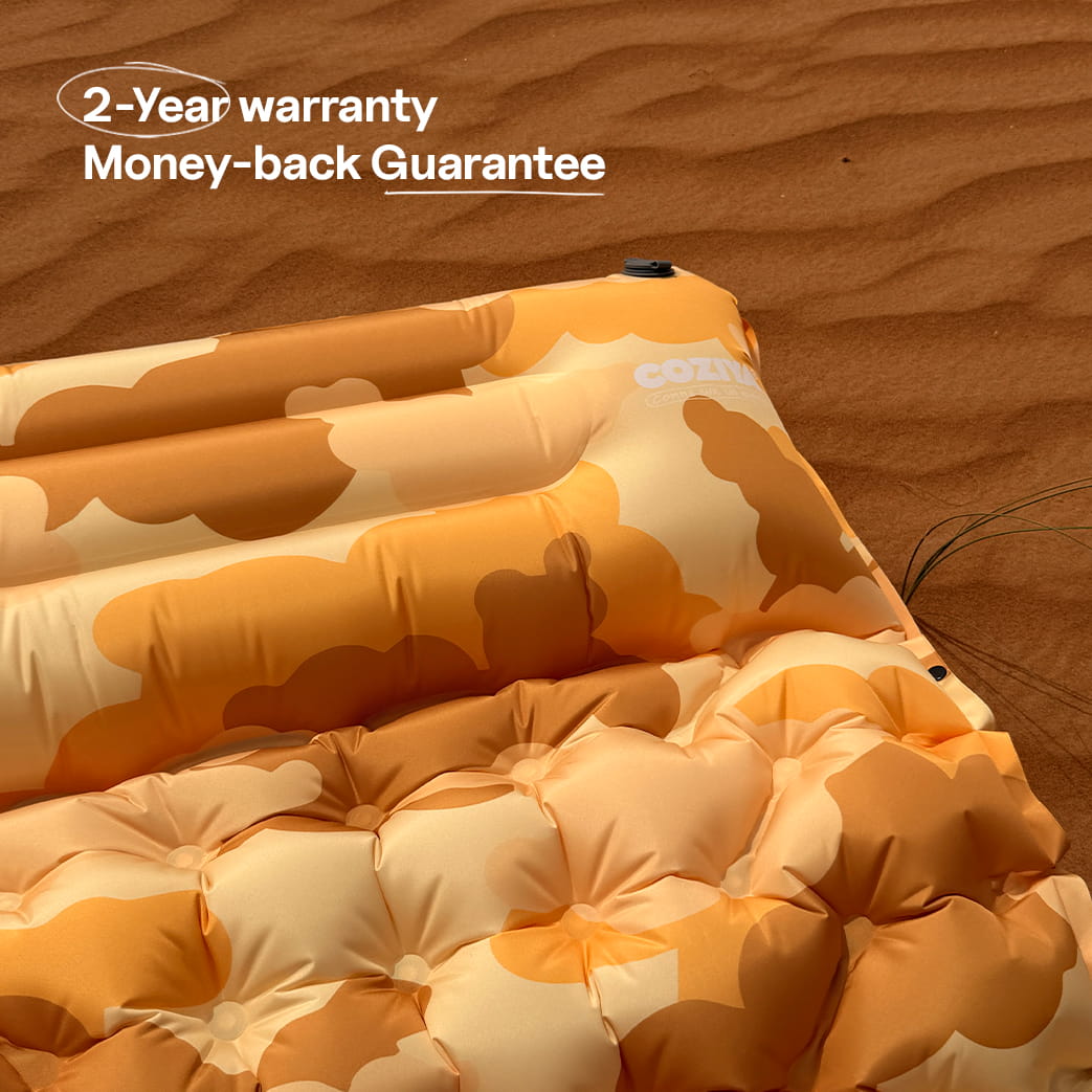 Coziya inflatable sleeping pad 2-year warranty 100% money-back guarantee badge