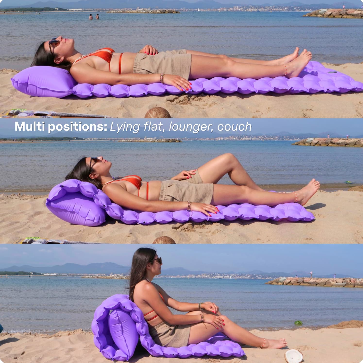Coziya inflatable sleeping pad 3 positions flat pad lounger couch mode