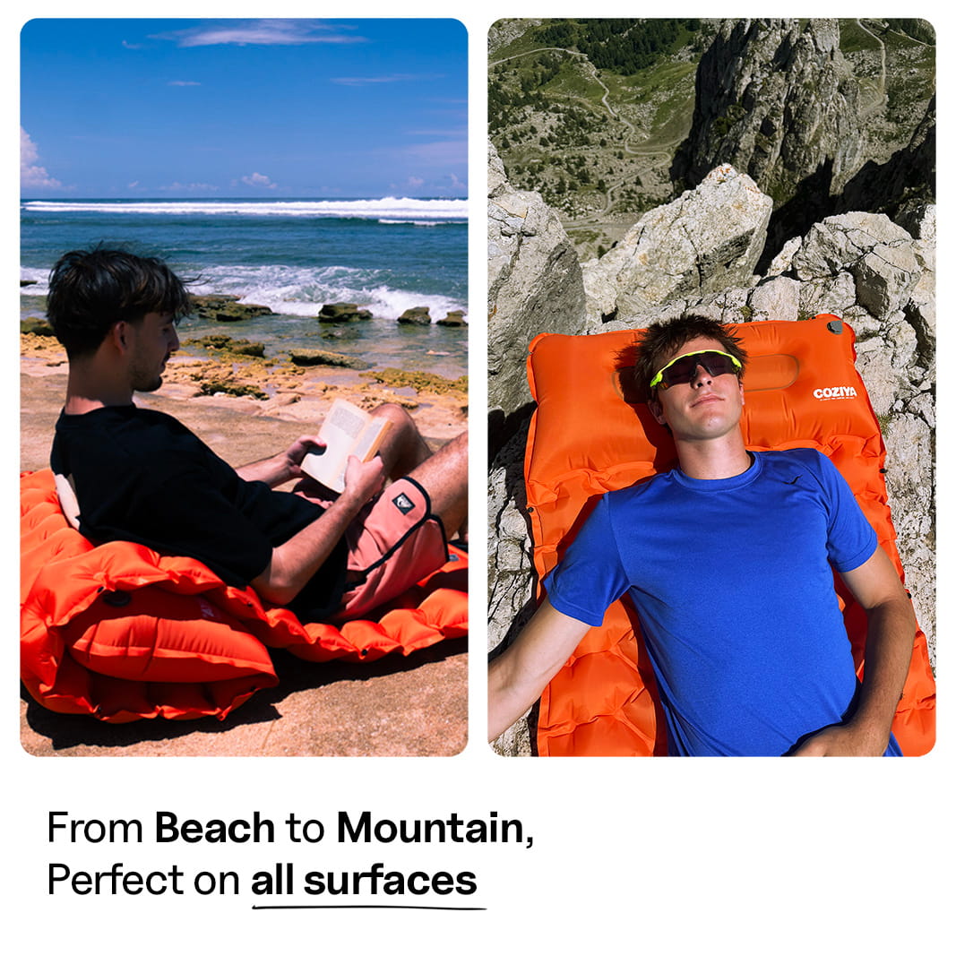Coziya inflatable sleeping pad perfect on all surfaces beach grass rock sand