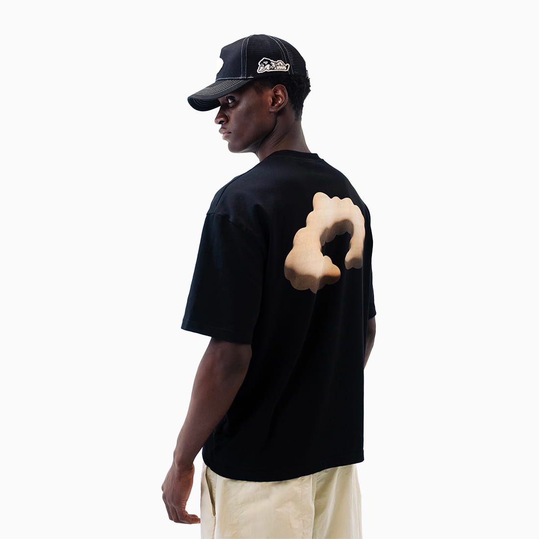 Coziya Cloud 3D logo black tee worn by man outdoor lifestyle