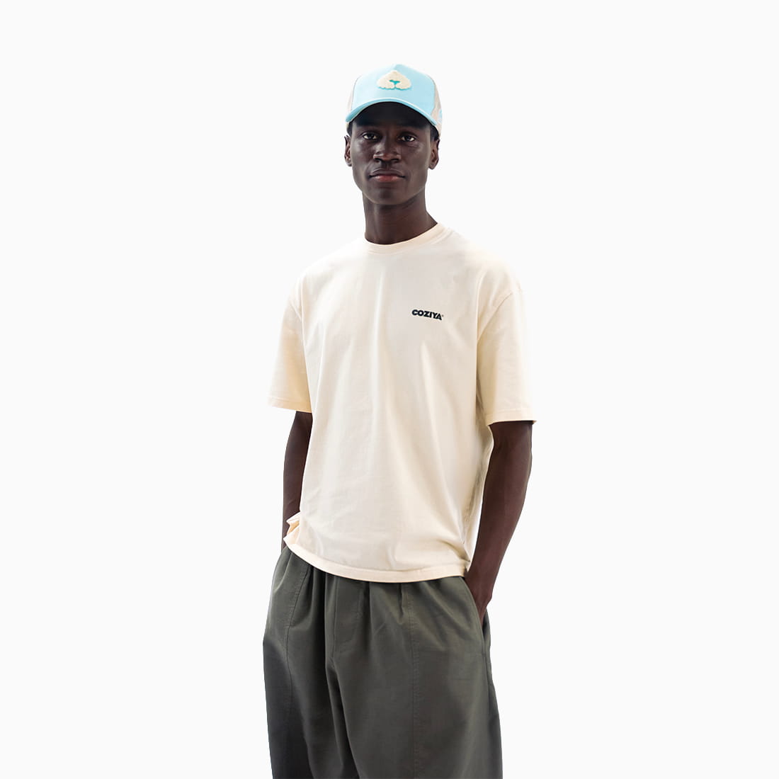 Coziya Mystery Island graphic tee worn by man outdoor lifestyle shot 2